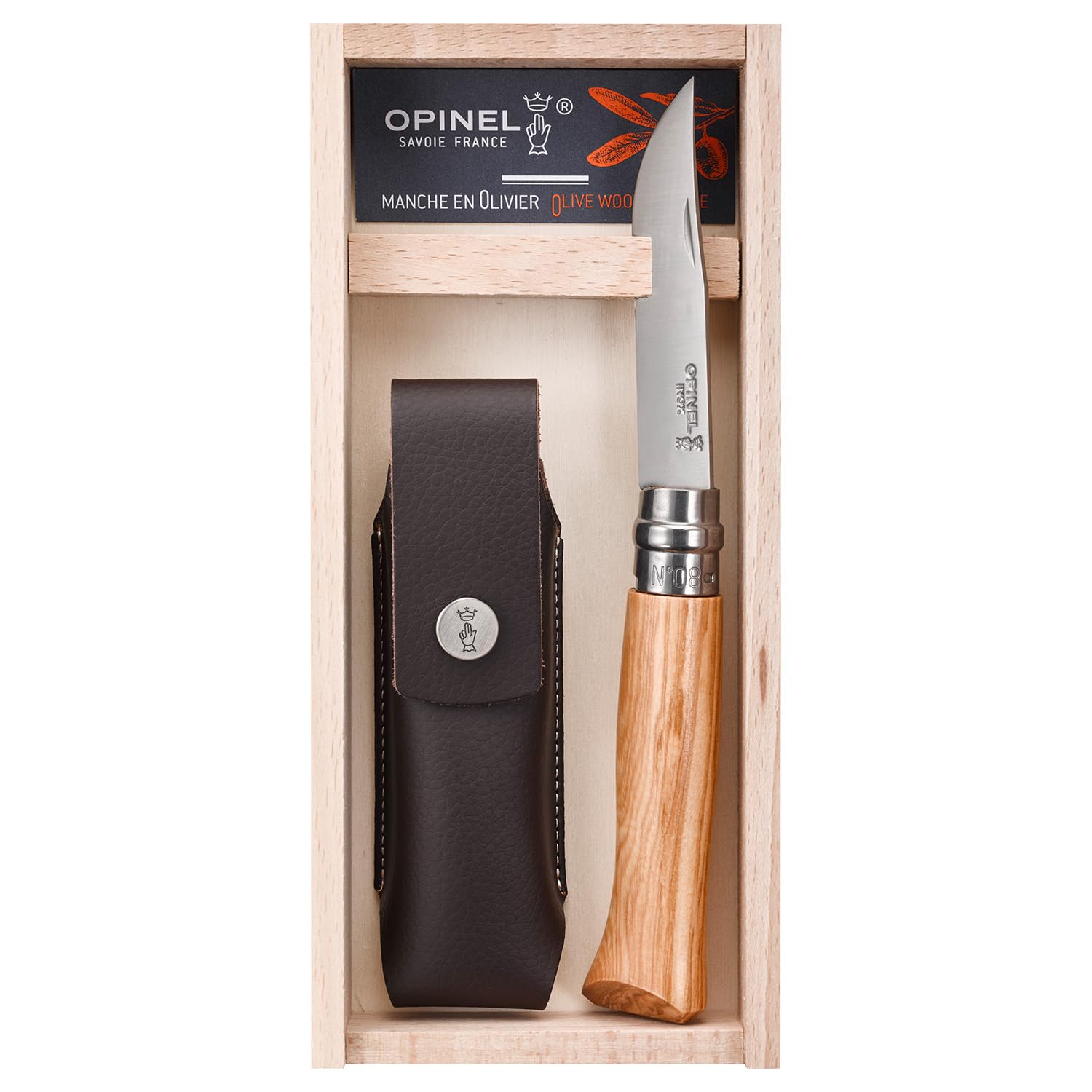 opinel-no-8-taschenmesser-geschenk-set-olivenholz-mit-kunstleder-etui image 1