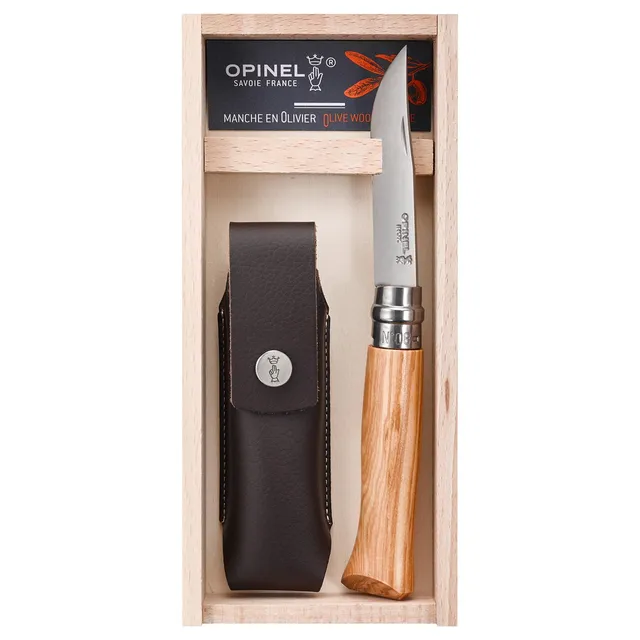 opinel-no-8-taschenmesser-geschenk-set-olivenholz-mit-kunstleder-etui image 1