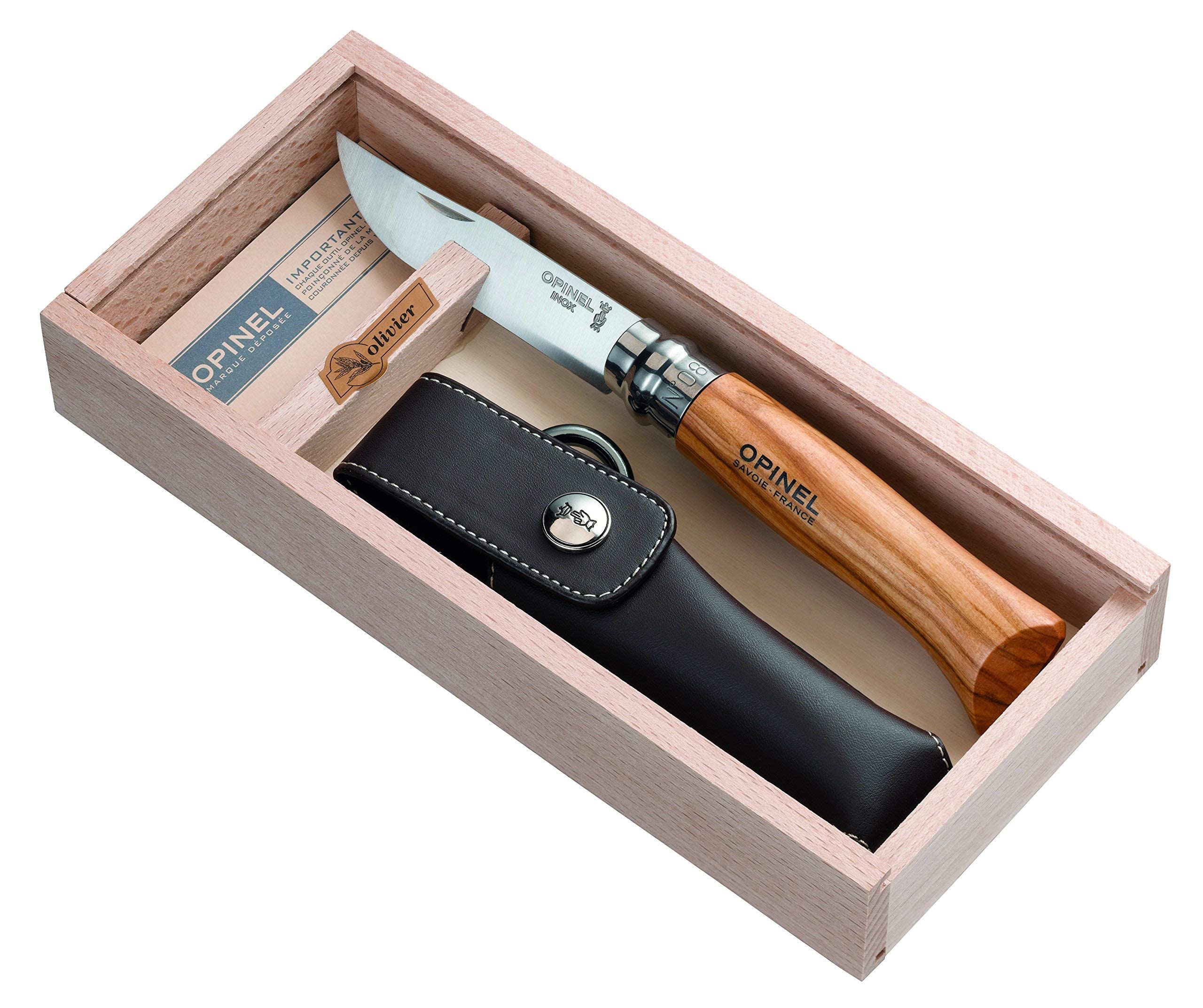 opinel-no-8-taschenmesser-geschenk-set-olivenholz-mit-kunstleder-etui image 4